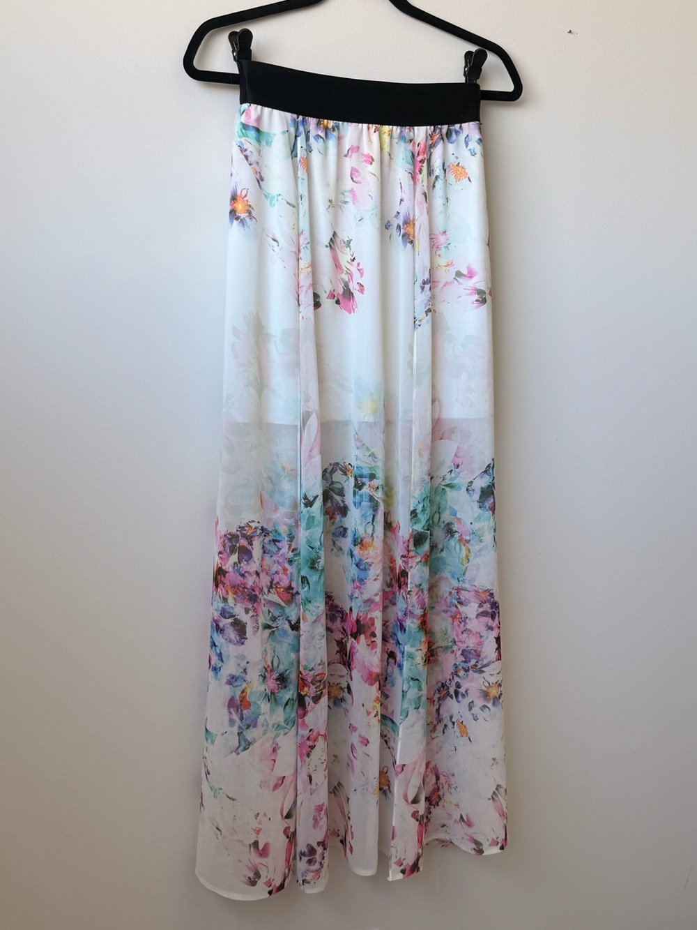 Bebe Floral Chiffon Maxi Skirt with Black Elastic Waistband - White/Floral